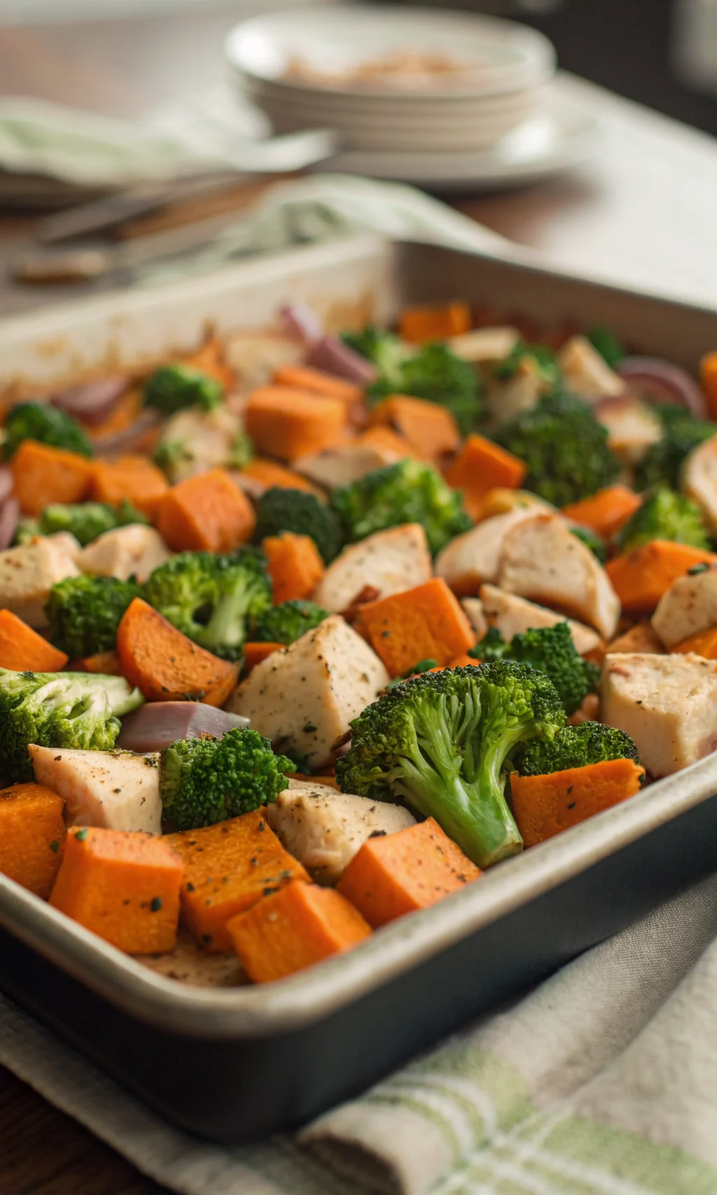 Traybake met kip, zoete aardappel en broccoli